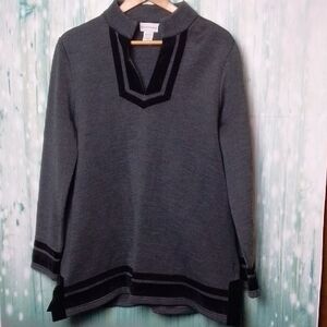 Soft Surroundings Heavy Weight Long Sleeve V Neck Gray With Black Velvet Trim Lg